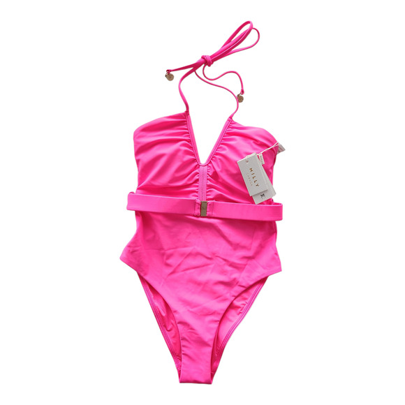 MILLY Cabana Ruched Halter One Piece Swimsuit P Neon Pink Beach Vacation Resort - Picture 1 of 11